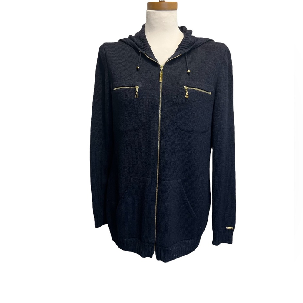 St. John Knit Dark Navy Gold Logo Hoody Jacket